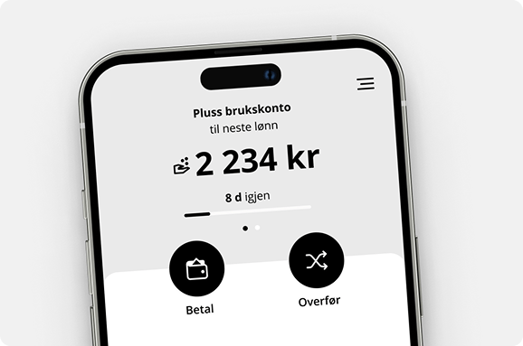 Mobilskjerm som viser saldoen på en brukskonto med en nedtelling til neste lønn, inkludert valg for å betale eller overføre penger.