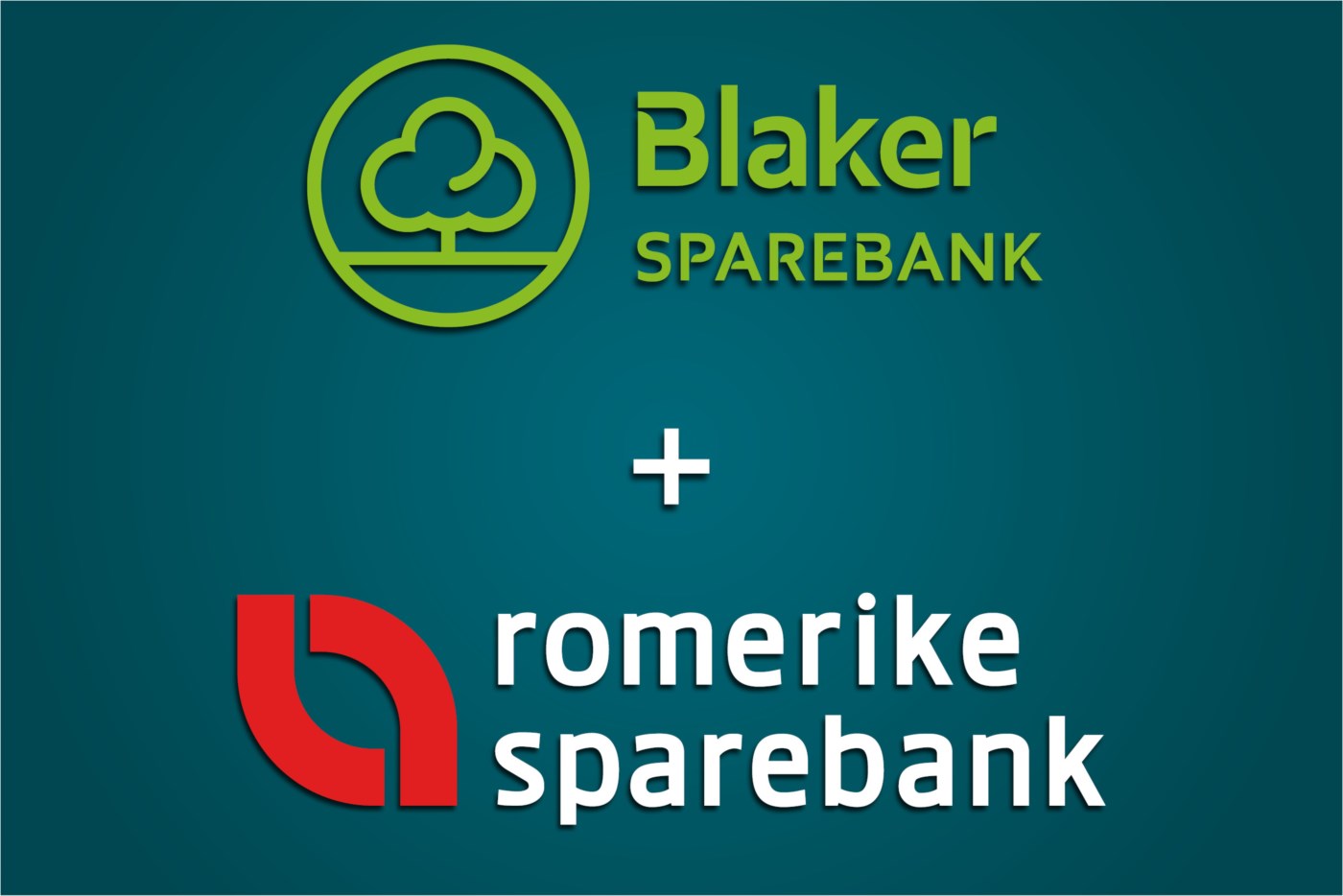 Logoene til Blaker Sparebank og Romerike Sparebank med et plusstegn mellom seg