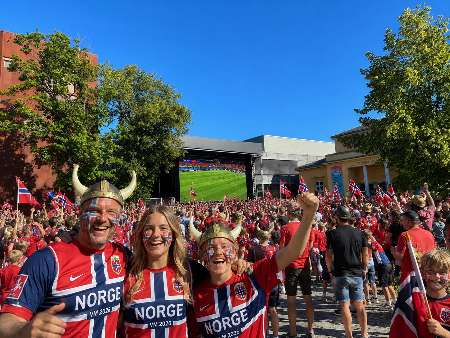 Illustrasjon av VM-fest på Stjerneplassen. Bildet er laget med kunstig intelligens.
