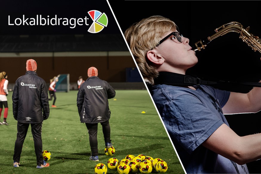 Lokalbidraget illustrert med fotballtrening og gutt som spiller saksofon